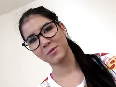 Lady Dee in glasses deepthroats like a slutty teen and takes a rough pounding