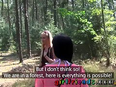 Cayla Lyons & Rosaline Rosa team up to make each other cum in a wild forest threesome