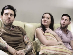 Hot threesome for tattooed bitch who enjoys taking two big dicks