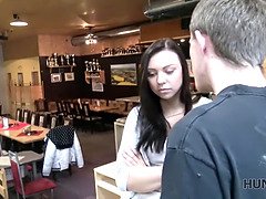 Naughty cop licks and sucks her boyfriend's hard cock in a bar while his buddies are out