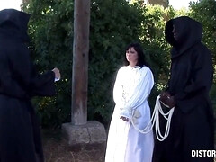 Sister Agnes's kinky BDSM threesome punishment - shaved small tits slave whipped outdoors