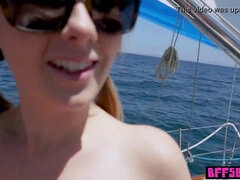 Captain bangs petite teen on boat while captain watches - outdoor bisexuality!