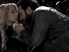 Bearded man seduced by imperious and smoking-hot blonde
