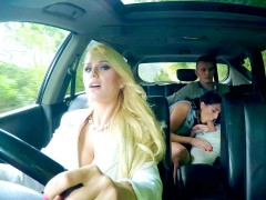 Jimena Lago gives him a sneaky blowjob as his stepmom Angel Wicky driving them