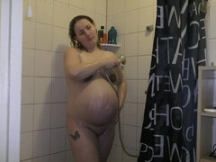 38 weeks pregnant showering, sex and cumshot on tits - Big tits