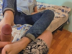 Sensual footjob through tight jeans from the perspective of a naughty stepsister