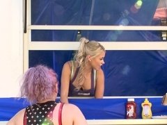 A blonde is in the mobile kitchen, getting fucked really hard