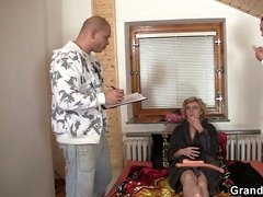 60 years elderly thin granny pleases two guys