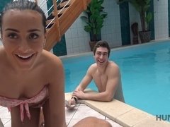 Blowjob, Brunette, Fingering, Hairy, Piercing, Pool, Pov, Teen