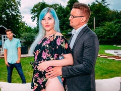 Blue-haired chick Misha Mayfair is serving two dicks in the garden
