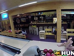 Dark haired cheats on her bf for cash at a bowling place