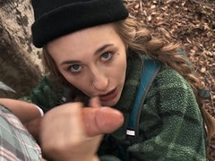 Angel Youngs gives head and gets properly fucked in the woods