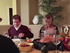 Madison Ivy sucks bf's son cock under the table then fucks him in the kitchen