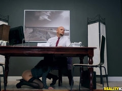 Bald dude licks and fucks a brunette office pussy on table