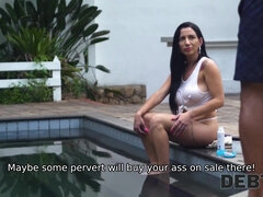 Dirty Debts - wet Latina with big tits Carol Corrales fucked outdoors in pool - big ass brunette