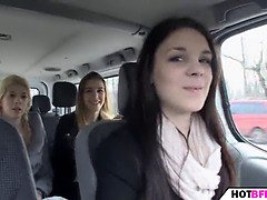 Kinky college girls in a car travel