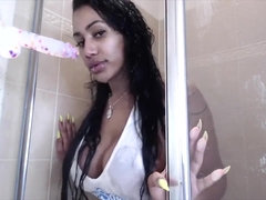 Dildo, Ebony, Female, Masturbation, Pussy, Shower, Solo, Webcam