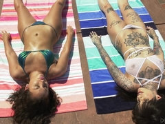 Tattooed lesbian with hairy pussy meets a hot girl on vacation