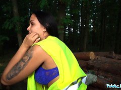 Hot brunette criminal is taken into the woods for an outdoors fucking