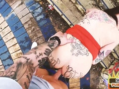 Public amateurs Euro mom with tattoos smashed outdoor