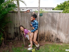 Violet Gems gets eaten out and properly fucked in the backyard