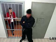 Cindy Shine gets her mouth and ass stuffed in jail by a security officer