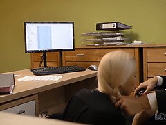 Audition, Blonde, Blowjob, Clothed, Doggystyle, Money, Office, Sucking