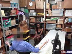 Shy ebony shoplifter got caught and fucks with the security