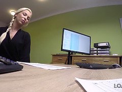 Loan4k. wise young chick comes to loan office with bald labia