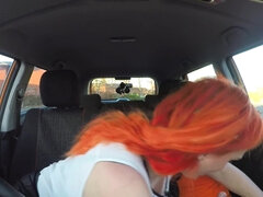 Amateur, Big tits, Blowjob, Car, Doggystyle, Handjob, Outdoor, Redhead