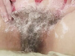 Smoking hot hairy Chrystal Mirror masturbates in her bathtub