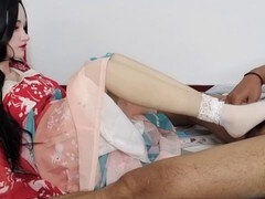 Sensual footjob in lace socks and tang outfit with a milky finish