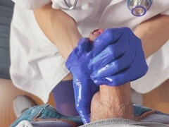 POV CFNM handjob: nurse in surgical gloves milks patient for sperm sample