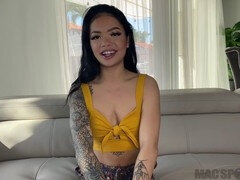 Asian cutie Paisley Paige rides a massive cock in a POV scene