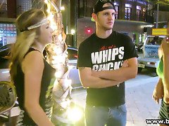 Naughty BFFs have a wild public threesome party with voyeur voyeurs