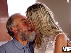 Pretty blonde with perfect body makes love to old dude