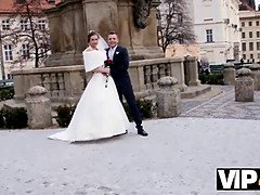 Watch this gorgeous Euro bride in bridal dress suck stranger's hard cock and get pounded in HD