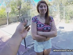 Fucking broke redhead teen for cash on a tennis court