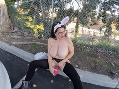 Naughty Easter video! Strolling around in public without a bra, experiencing intense orgasms - come watch me in person! Natural 40DDs on display.