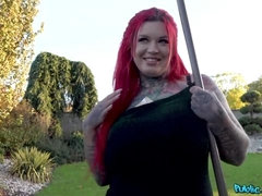 Big tits, Blowjob, Doggystyle, Handjob, Natural tits, Redhead, Stripping, Tattoo