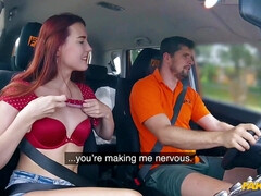 Driving teacher focuses on ginger babe's three yummy holes