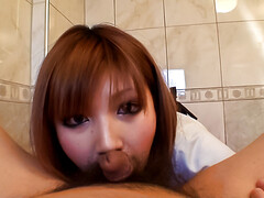 Sexy Japanese model is sucking cock in the bathroom