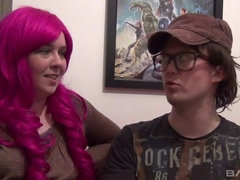 all-American sweetheart in lingerie takes a facial from a horny nerd