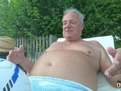 Bikini, Brunette, Cum in mouth, Grandpa, Pool, Skinny