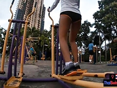 Amateur Thai girlfriend outdoor workout and pov blowjob video